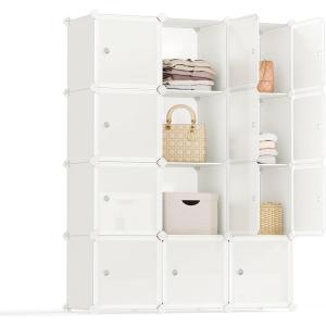 imageSONGMICS Cube Storage Organizer Set of 12 Plastic Cubes Closet Storage Shelves DIY Plastic Closet Cabinet Modular Bookcase Shelving with Doors for Bedroom Living Room Black and White ULPC34HV1Cream White