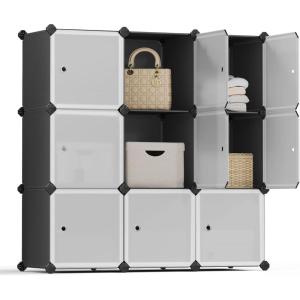 imageSONGMICS Cube Storage Organizer Set of 12 Plastic Cubes Closet Storage Shelves DIY Plastic Closet Cabinet Modular Bookcase Shelving with Doors for Bedroom Living Room Black and White ULPC34HV1Black  White