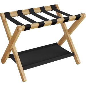 imageSONGMICS Luggage Rack Folding Suitcase Stand with Storage Shelf for Guest Room Hotel Bedroom HeavyDuty Holds up to 131 lb Chestnut Brown URLR007R01Natural Beige