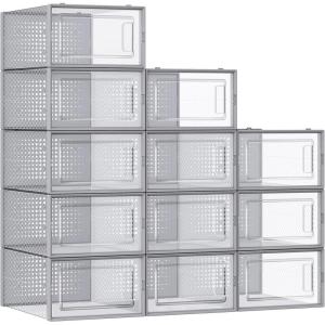 imageSONGMICS Shoe Boxes Pack of 12 Shoe Storage Organizers Stackable Clear Plastic Boxes for Closet Sneakers 91 x 131 x 56 Inches Fit up to US Size 11 Transparent and White ULSP12SWTTransparent  Gray