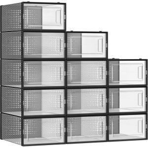 imageSONGMICS Shoe Boxes Pack of 12 Shoe Storage Organizers Stackable Clear Plastic Boxes for Closet Sneakers 91 x 131 x 56 Inches Fit up to US Size 11 Transparent and White ULSP12SWTTransparent  Black
