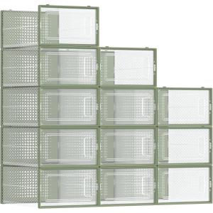 imageSONGMICS Shoe Boxes Pack of 12 Shoe Storage Organizers Stackable Clear Plastic Boxes for Closet Sneakers 91 x 131 x 56 Inches Fit up to US Size 11 Transparent and White ULSP12SWTTransparent  Laurel Green