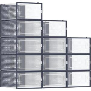 imageSONGMICS Shoe Boxes Pack of 12 Shoe Storage Organizers Stackable Clear Plastic Boxes for Closet Sneakers 91 x 131 x 56 Inches Fit up to US Size 11 Transparent and White ULSP12SWTTransparent  Charcoal Blue