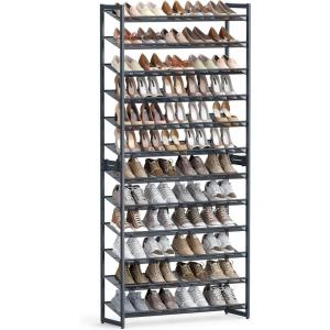 imageSONGMICS Shoe Rack 12Tier Shoe Organizer Metal Shoe Storage for Garage Entryway Set of 2 6Tier Stackable Shoe Shelf with Adjustable Flat or Angled Shelves Holds 4860 Pairs Black ULMR12BCool Gray