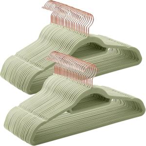 imageSONGMICS Velvet Hangers Set of 50 Clothes Hanger with Rose Gold Swivel Hook NonSlip and SpaceSaving 02Inch Thick 171Inch Long for Coat Shirt Dress Pants Tie Coral Pink UCRF21PK50Rose Gold  Lime Green