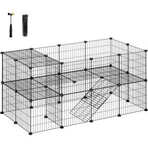 imageSONGMICS 36 Panels Pet Playpen Small Animal Playpen Rabbit Guinea Pig Cage Zip Ties Included Metal Wire ApartmentStyle TwoStory Pet Premium Villa for Bunnies Puppies Indoor Use White ULPI02WBlack