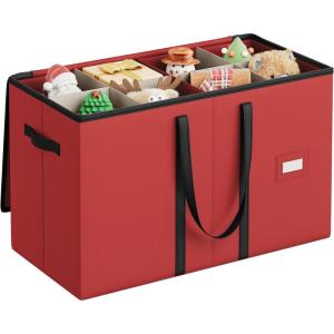 imageSONGMICS Christmas Figurine Storage Box for 15Inch Figurines and Nutcrackers Holiday Decor Organizer with Adjustable Dividers 8 Slots and 2 Pockets Dual Zippers Cherry Red URFB041R01