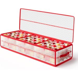 imageSONGMICS Christmas Ornament Storage Box 96 Slots of 3 Inches 38quot L x 132quot W x 69quot H Bauble Storage Box with Dividers Zippers Side Handles Under the Bed Cherry Red URFB031T02Cherry Red