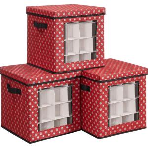 imageSONGMICS Christmas Ornament Storage Holds 192 Holiday Ornaments with Lid Adjustable Dividers 2 Handles Transparent Window Storage Boxes Containers for Bulbs Decorations Red URFB029R01Red