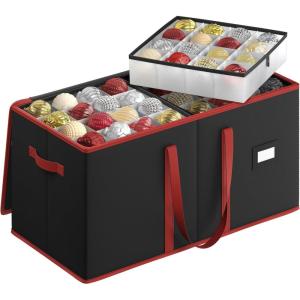 imageSONGMICS Large Christmas Ornament Storage Box Dual Zippers Stackable Christmas Storage Container with Lid 8 Trays 600D Oxford 3Inch 128 Slots Cherry Red URFB035R01Ink Black