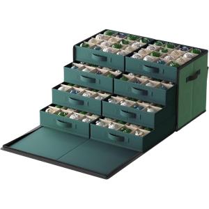 imageSONGMICS Large Christmas Ornament Storage Box with Side Open Stackable Christmas Storage Container with Lid 8 Drawer Trays 600D Oxford 3Inch 128 Slots Dove Gray URFB038G01Forest Green