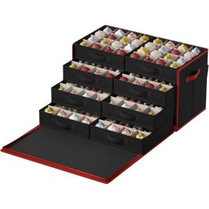 imageSONGMICS Large Christmas Ornament Storage Box with Side Open Stackable Christmas Storage Container with Lid 8 Drawer Trays 600D Oxford 3Inch 128 Slots Dove Gray URFB038G01Ink Black