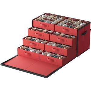 imageSONGMICS Large Christmas Ornament Storage Box with Side Open Stackable Christmas Storage Container with Lid 8 Drawer Trays 600D Oxford 3Inch 128 Slots Dove Gray URFB038G01Cherry Red