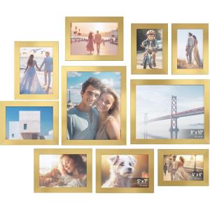 imageSONGMICS Picture Frames Collage Picture Frames Set of 10 Two 8x10 Four 5x7 Four 4x6 Photo Frame for Wall Gallery Decor Table Display Glass Rustic BrownPale Gold