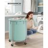 imageSONGMICS Laundry Basket with Wheels Rolling Laundry Hamper 29 Gal Round Laundry Cart with Steel Frame and Removable Bag 4 Casters and 2 Brakes Black and Silver URLS002B01Mint Green  Silver