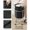 imageSONGMICS Laundry Basket with Wheels Rolling Laundry Hamper 29 Gal Round Laundry Cart with Steel Frame and Removable Bag 4 Casters and 2 Brakes Black and Silver URLS002B01Black  Silver