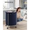 imageSONGMICS Laundry Basket with Wheels Rolling Laundry Hamper 29 Gal Round Laundry Cart with Steel Frame and Removable Bag 4 Casters and 2 Brakes Black and Silver URLS002B01Charcoal Blue  Silver