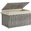 imageSONGMICS Storage Basket with Lid 423 Gallon 160L Storage Bin Woven Blanket Storage Basket with Handles Foldable Removable Liner Metal Frame for Bedroom Laundry Room Brown URST76BRGray