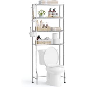 imageSONGMICS 4 Tier Over The Toilet Storage Metal Storage Rack Adjustable Shelves 4 Hooks Roll Holder SpaceSaving Bathroom Storage Shelf Organizer 118 x 248 x 693 Inches Black UBTS013B01Silver Gray