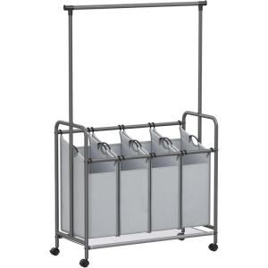 imageSONGMICS 4Section Laundry Sorter Rolling Laundry Hamper with Hanging Bar HeavyDuty Laundry Basket Lockable Wheels Hampers for Laundry 4 x 132 Gal Gray URLS44GSGray