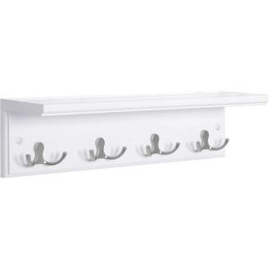 imageSONGMICS Entryway Hanging Coat Rack WallMounted Wooden Shelf with 4 Double Hooks Wall Floating Shelf White ULHR42WTWhite
