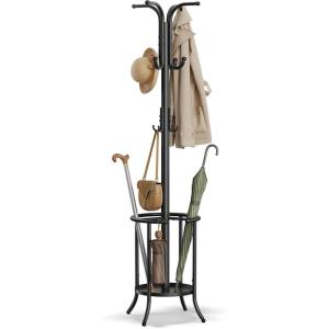 imageSONGMICS Freestanding Coat Rack with Umbrella Holder Metal Stand with 12 Hooks For Entryways Hallways Living Rooms Bedrooms Ink BlackInk Black