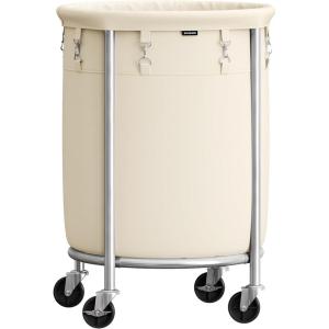 imageSONGMICS Laundry Basket with Wheels Rolling Laundry Hamper 29 Gal Round Laundry Cart with Steel Frame and Removable Bag 4 Casters and 2 Brakes Black and Silver URLS002B01Cream  Silver