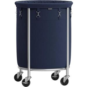 imageSONGMICS Laundry Basket with Wheels Rolling Laundry Hamper 29 Gal Round Laundry Cart with Steel Frame and Removable Bag 4 Casters and 2 Brakes Black and Silver URLS002B01Charcoal Blue  Silver