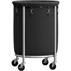 imageSONGMICS Laundry Basket with Wheels Rolling Laundry Hamper 29 Gal Round Laundry Cart with Steel Frame and Removable Bag 4 Casters and 2 Brakes Black and Silver URLS002B01Black  Silver