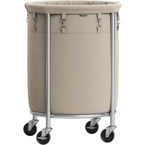 imageSONGMICS Laundry Basket with Wheels Rolling Laundry Hamper 29 Gal Round Laundry Cart with Steel Frame and Removable Bag 4 Casters and 2 Brakes Black and Silver URLS002B01Camel Brown  Silver