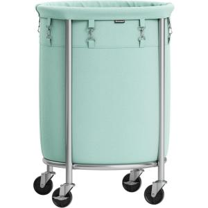 imageSONGMICS Laundry Basket with Wheels Rolling Laundry Hamper 29 Gal Round Laundry Cart with Steel Frame and Removable Bag 4 Casters and 2 Brakes Black and Silver URLS002B01Mint Green  Silver