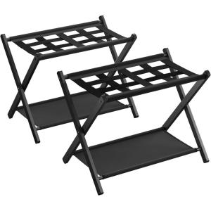 imageSONGMICS Luggage Racks for Guest Room Set of 2 Suitcase Stand with Fabric Storage Shelf Foldable for SpaceSaving Storage Steel Frame Hotel Bedroom Black URLR004B02Black