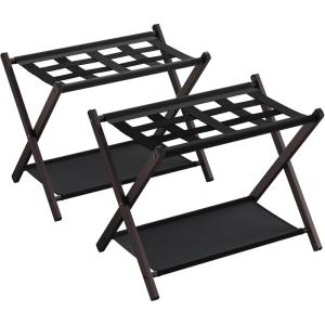 imageSONGMICS Luggage Racks for Guest Room Set of 2 Suitcase Stand with Fabric Storage Shelf Foldable for SpaceSaving Storage Steel Frame Hotel Bedroom Black URLR004B02Chestnut Brown