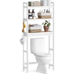 imageSONGMICS Over The Toilet Storage 3Tier Over Toilet Bathroom Organizer with Adjustable Shelf 102 x 248 x 669 Inches SpaceSaving Gray UBTS001G01Cloud White  Natural Beige