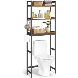 imageSONGMICS OverTheToilet Storage 3Tier Bathroom Organizer Over Toilet with Adjustable Shelves Hooks Bamboo Freestanding Space Saver Bathroom Shelves Rustic Brown and Ink Black UBTS012B01Rustic Brown  Ink Black