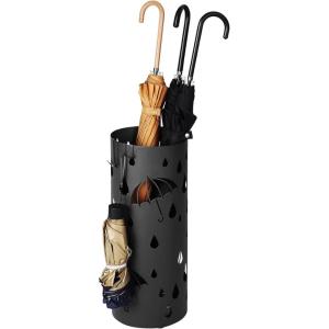 imageSONGMICS Umbrella Stand Metal Umbrella Holder for Entryway with Water Tray and 4 Hooks 67 x 67 x 161 Inches Round Black ULUC024B01Black
