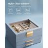imageSONGMICS Jewelry Box Organizer with Glass Lid 3Layer Jewelry Storage with 2 Drawers Modern Style Gift for Mom 8 x 91 x 53 Inches Cloud White and Gold Color UJBC239WTSmoky Blue  Gold