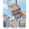 imageSONGMICS Jewelry Box Organizer with Glass Lid 3Layer Jewelry Storage with 2 Drawers Modern Style Gift for Mom 8 x 91 x 53 Inches Cloud White and Gold Color UJBC239WTSmoky Blue  Gold
