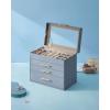 imageSONGMICS Jewelry Box Organizer with Glass Lid 3Layer Jewelry Storage with 2 Drawers Modern Style Gift for Mom 8 x 91 x 53 Inches Cloud White and Gold Color UJBC239WTSmoky Blue  Gold