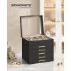 imageSONGMICS Jewelry Box Organizer with Glass Lid 3Layer Jewelry Storage with 2 Drawers Modern Style Gift for Mom 8 x 91 x 53 Inches Cloud White and Gold Color UJBC239WTGraphite Black  Gold