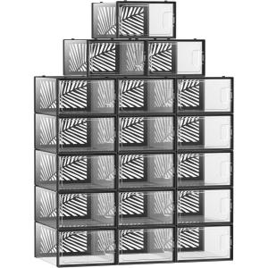 imageSONGMICS Clear Shoe Boxes Set of 18 Stackable Plastic Shoe Organizer Breathable and Foldable Display Storage Bins for Max US Size 11 Sneakers Transparent and Black ULSP106B18