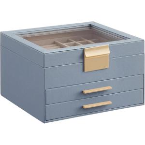 imageSONGMICS Jewelry Box Organizer with Glass Lid 3Layer Jewelry Storage with 2 Drawers Modern Style Gift for Mom 8 x 91 x 53 Inches Cloud White and Gold Color UJBC239WTSmoky Blue  Gold