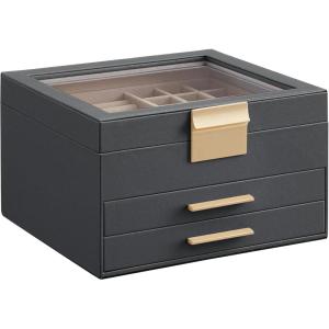 imageSONGMICS Jewelry Box Organizer with Glass Lid 3Layer Jewelry Storage with 2 Drawers Modern Style Gift for Mom 8 x 91 x 53 Inches Cloud White and Gold Color UJBC239WTInterstellar Gray  Gold