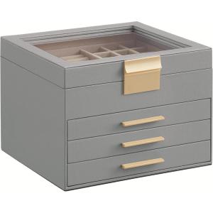imageSONGMICS Jewelry Box Organizer with Glass Lid 3Layer Jewelry Storage with 2 Drawers Modern Style Gift for Mom 8 x 91 x 53 Inches Cloud White and Gold Color UJBC239WTDove Gray  Gold