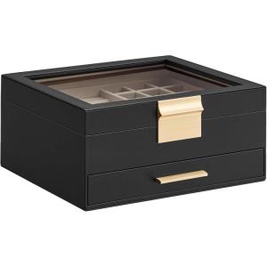 imageSONGMICS Jewelry Box Organizer with Glass Lid 3Layer Jewelry Storage with 2 Drawers Modern Style Gift for Mom 8 x 91 x 53 Inches Cloud White and Gold Color UJBC239WTGraphite Black  Gold