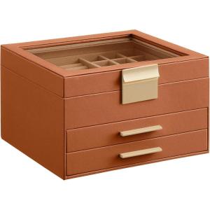 imageSONGMICS Jewelry Box Organizer with Glass Lid 3Layer Jewelry Storage with 2 Drawers Modern Style Gift for Mom 8 x 91 x 53 Inches Cloud White and Gold Color UJBC239WTCaramel Brown  Gold
