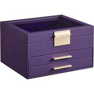 imageSONGMICS Jewelry Box Organizer with Glass Lid 3Layer Jewelry Storage with 2 Drawers Modern Style Gift for Mom 8 x 91 x 53 Inches Cloud White and Gold Color UJBC239WTPurple  Gold