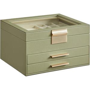imageSONGMICS Jewelry Box Organizer with Glass Lid 3Layer Jewelry Storage with 2 Drawers Modern Style Gift for Mom 8 x 91 x 53 Inches Cloud White and Gold Color UJBC239WTLaurel Green  Gold