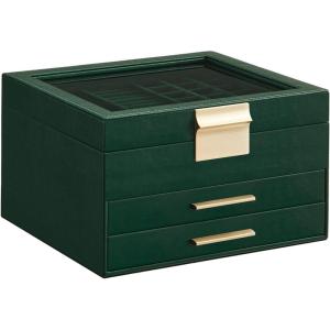 imageSONGMICS Jewelry Box Organizer with Glass Lid 3Layer Jewelry Storage with 2 Drawers Modern Style Gift for Mom 8 x 91 x 53 Inches Cloud White and Gold Color UJBC239WTForest Green  Gold
