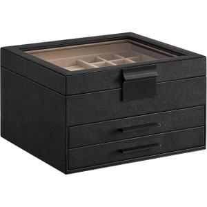 imageSONGMICS Jewelry Box Organizer with Glass Lid 3Layer Jewelry Storage with 2 Drawers Modern Style Gift for Mom 8 x 91 x 53 Inches Cloud White and Gold Color UJBC239WTGraphite Black  Silver
